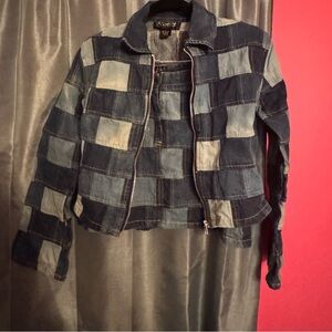 Y2K Vintage 90’s Women’s Blue Denim Patchwork  Cropped Jacket And Mini Skirt Set